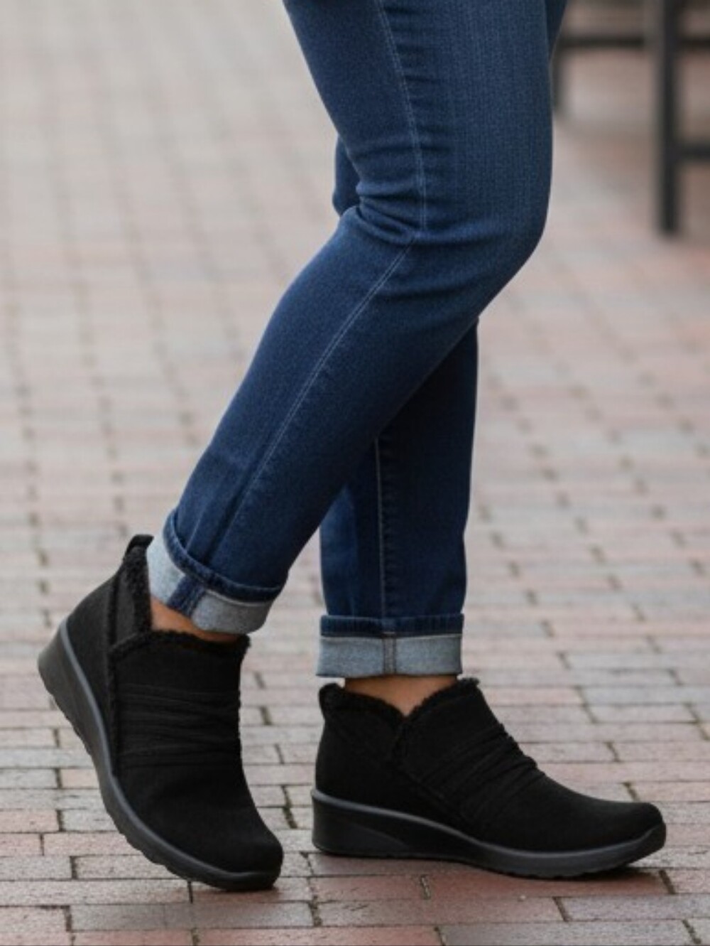 Bzees Black Glide Slip-on Ankle Boot Sneaker with Faux Fur Trim 10 Wide SH151